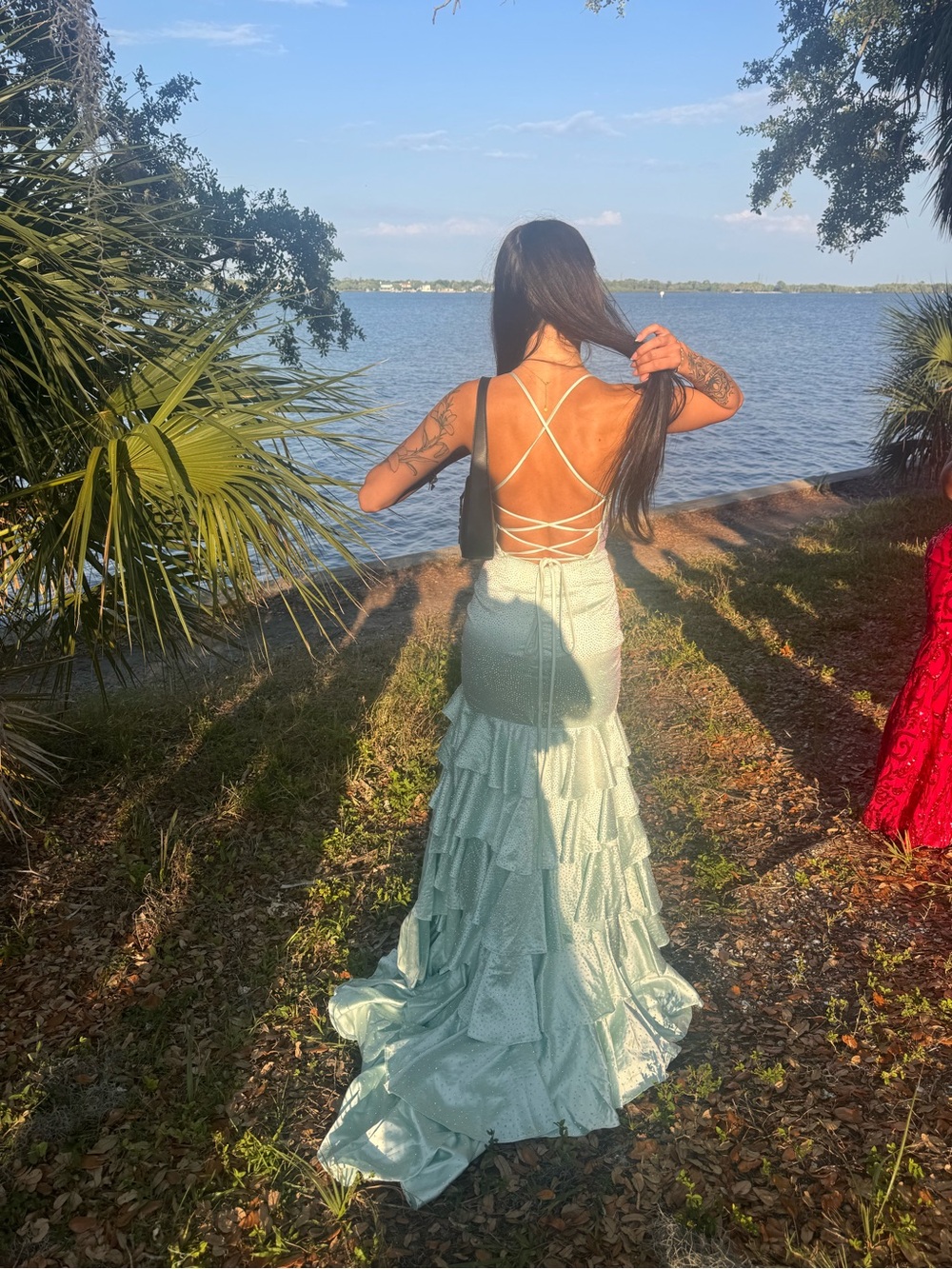 Sherri Hill Mint Green Backless Ruffled Prom Gown